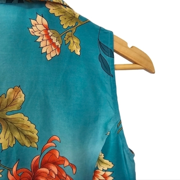 Silk floral teal wrap sleeveless collard top size small - Picture 7 of 11